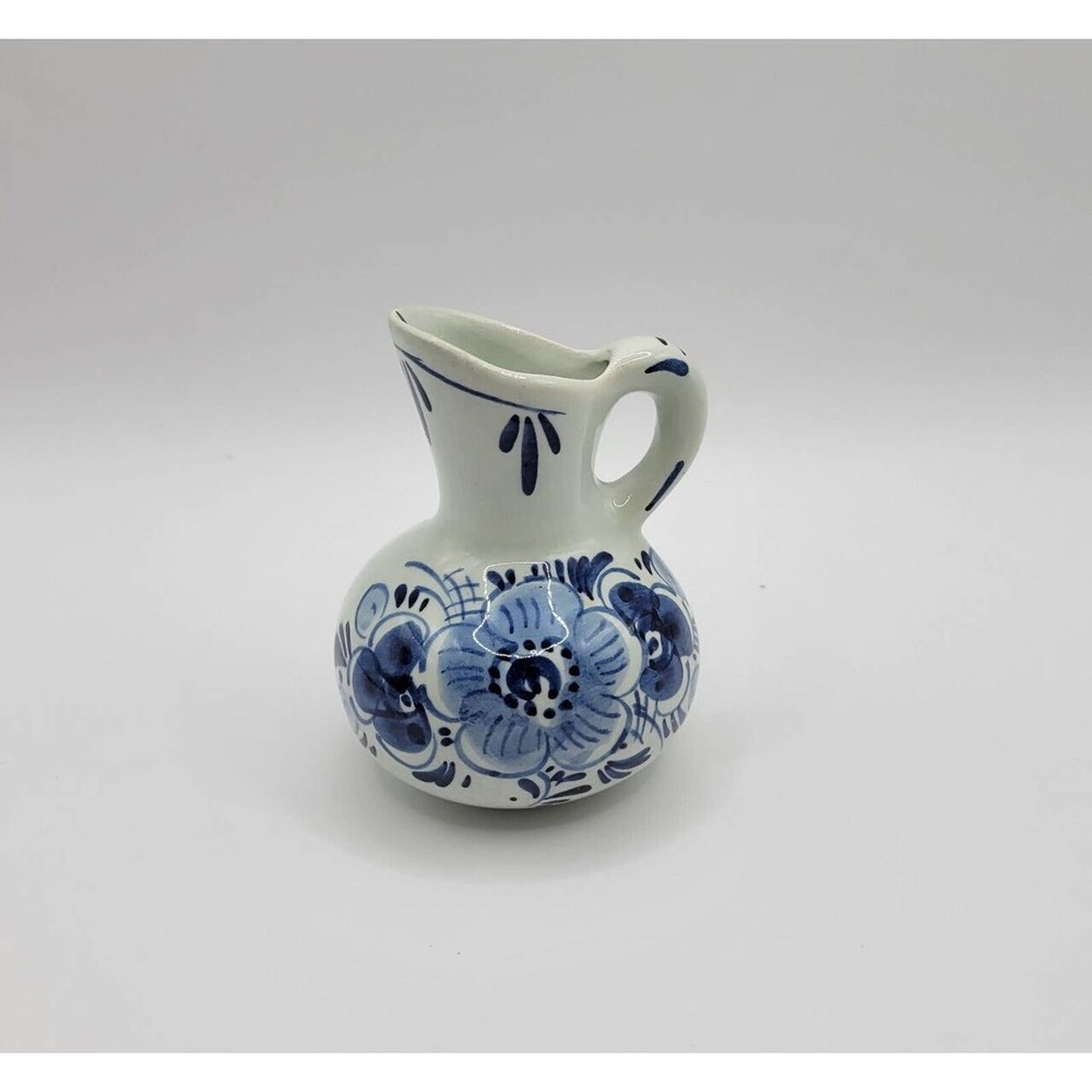 Vtg Delft Blue Holland Floral Miniature 3" Ceramic Pitcher Creamer Bud Vase